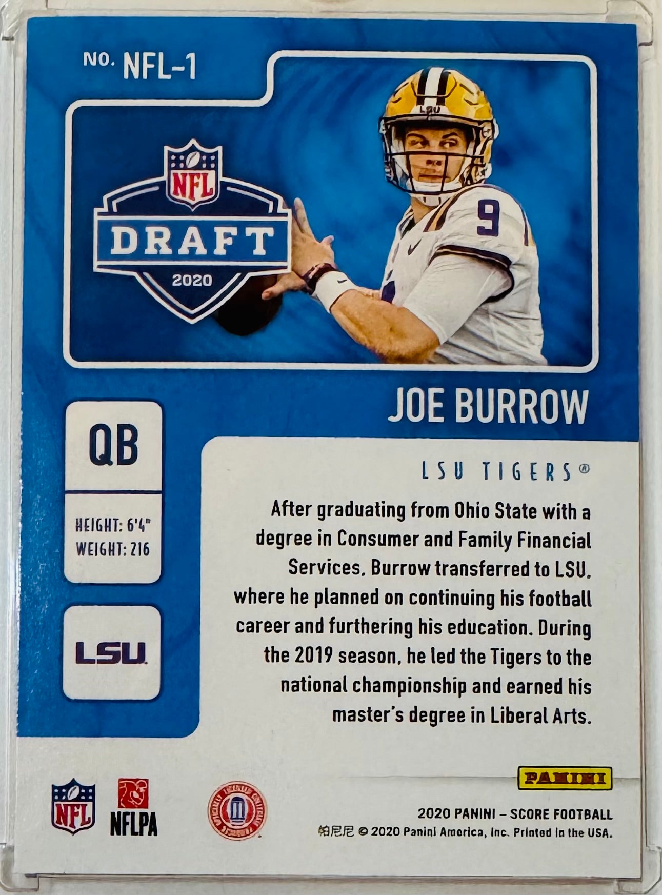 Panini NFL Draft 2020 football trading card featuring Joe Burrow RC
