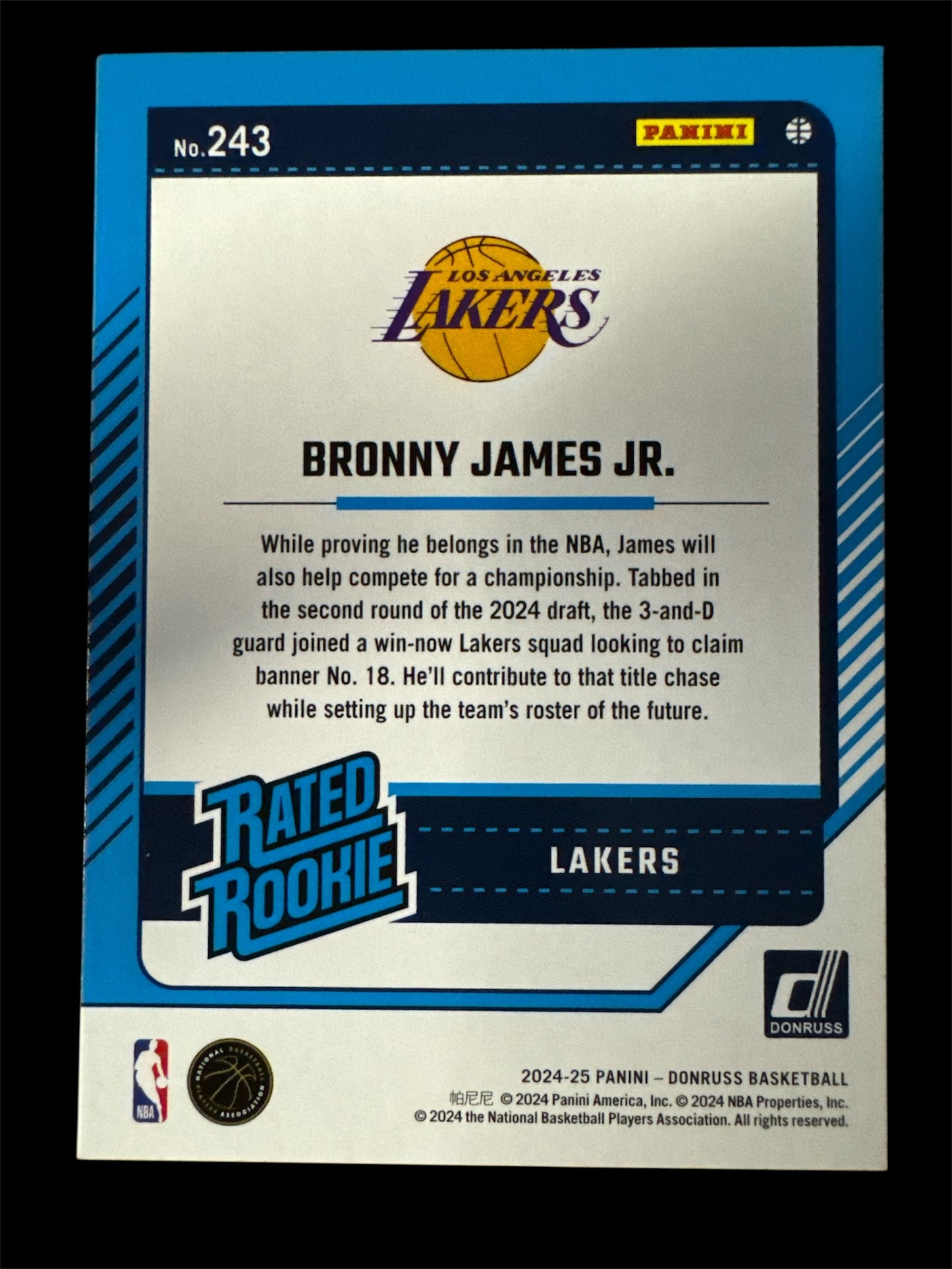 2024-25 Panini Donruss Bronny James Jr. Rated Rookie RC – Los Angeles Lakers NBA Rookie Card (RAW)