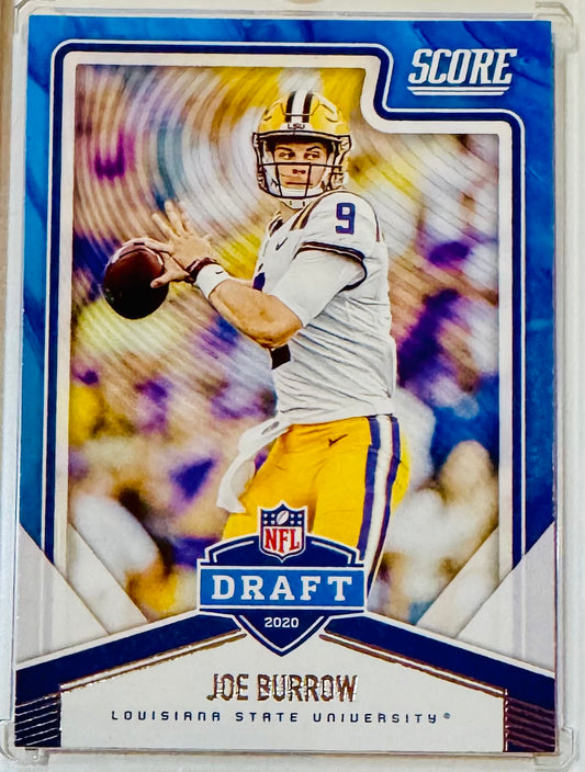 Football trading card of Joe Burrow RC with colorful background and NFL Draft 2020 logo.